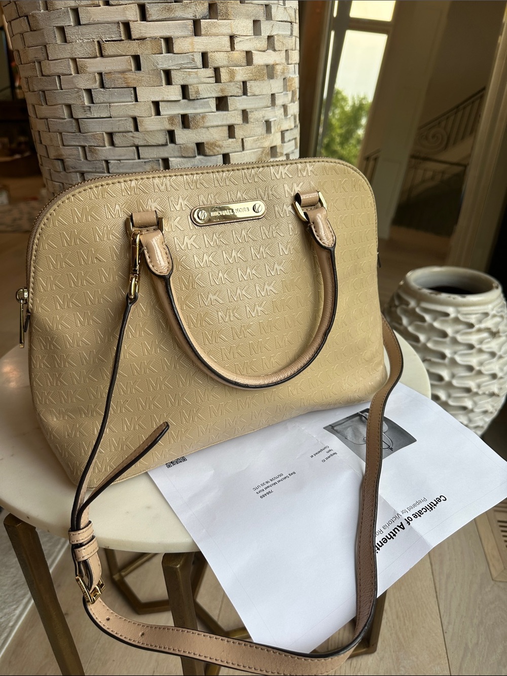 MICHAEL Michael Kors Beige Logo Dome Satchel with Gold Hardware
